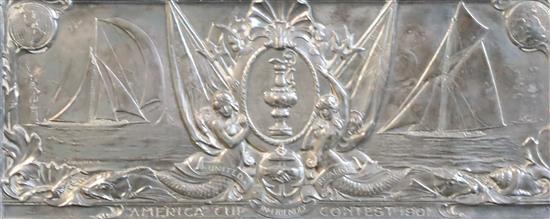 Americas Cup Interest: An American sterling silver plaque, made to commemorate the Americas Cup Contest 1901 plaque 6 x 14.5in., over